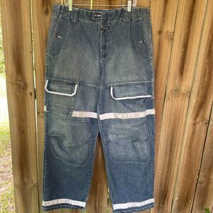 Marithe Francois GIRBAUD SHUTTLE Tape Initials Big Pocket Baggy JEANS 38 39 x 34